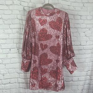 NEW Farm Rio dress hearts sequin puff sleeves mini pink red size large